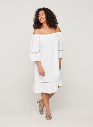 Cotton dress with lace ribbon and short sleeves, Bright White, Model image number 2