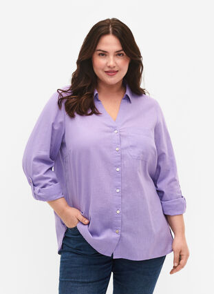 Shirt blouse with button closure in cotton-linen blend, Lavender, Model image number 0