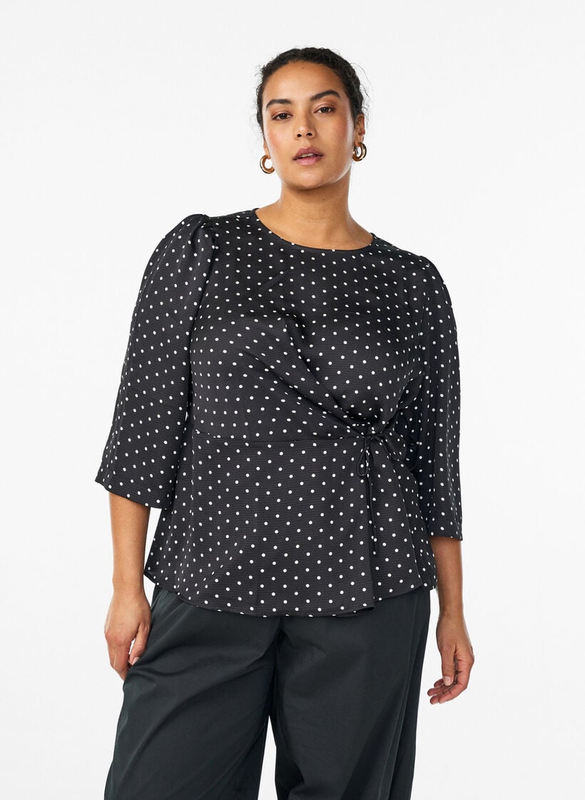 Polka dot blouse with tie-fastening and 3/4-sleeves, Black, Model image number 0