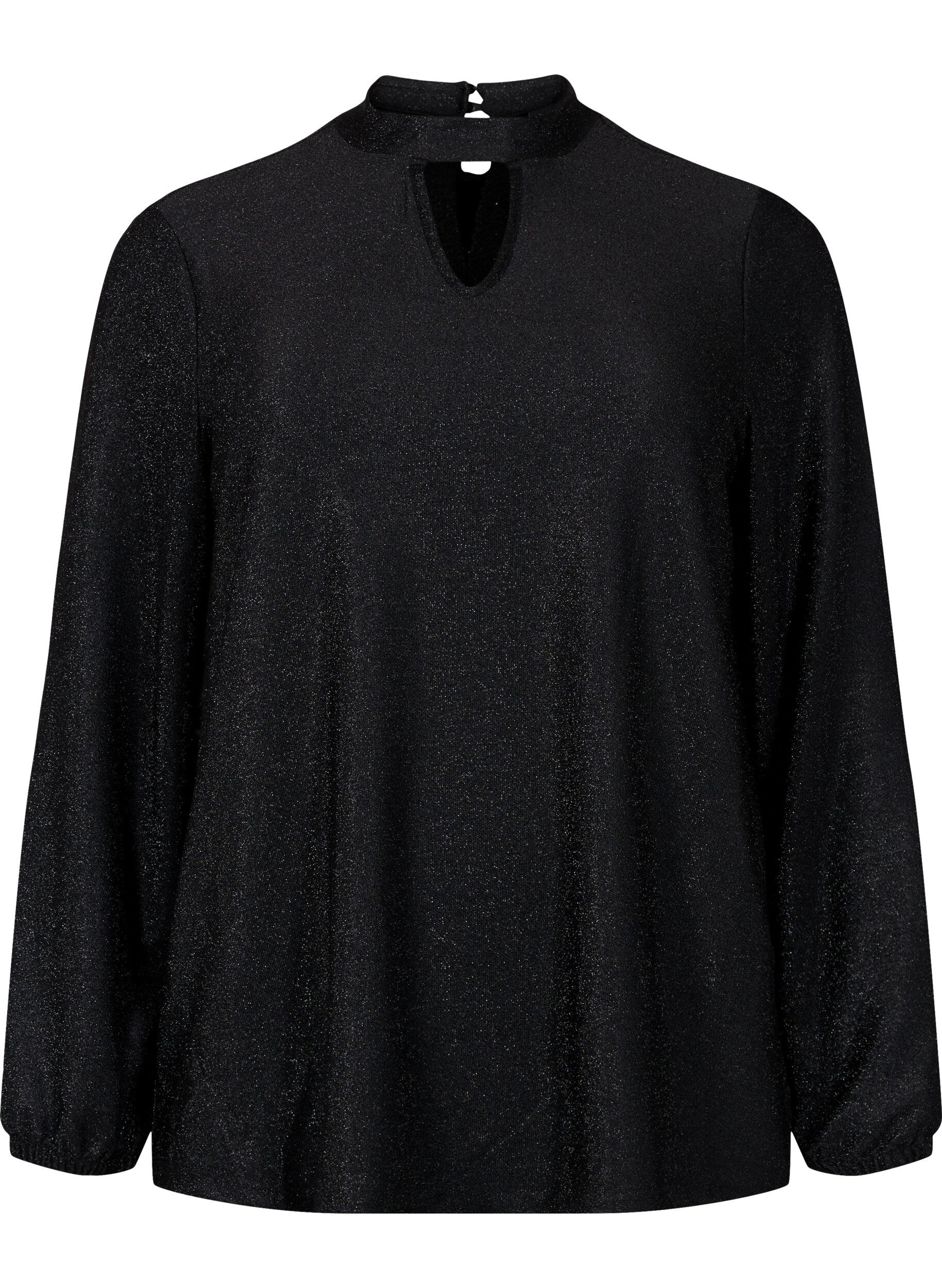 Zizzifashion Long-sleeved glitter blouse with round neck and V-detail, Black Black, Packshot image number 0