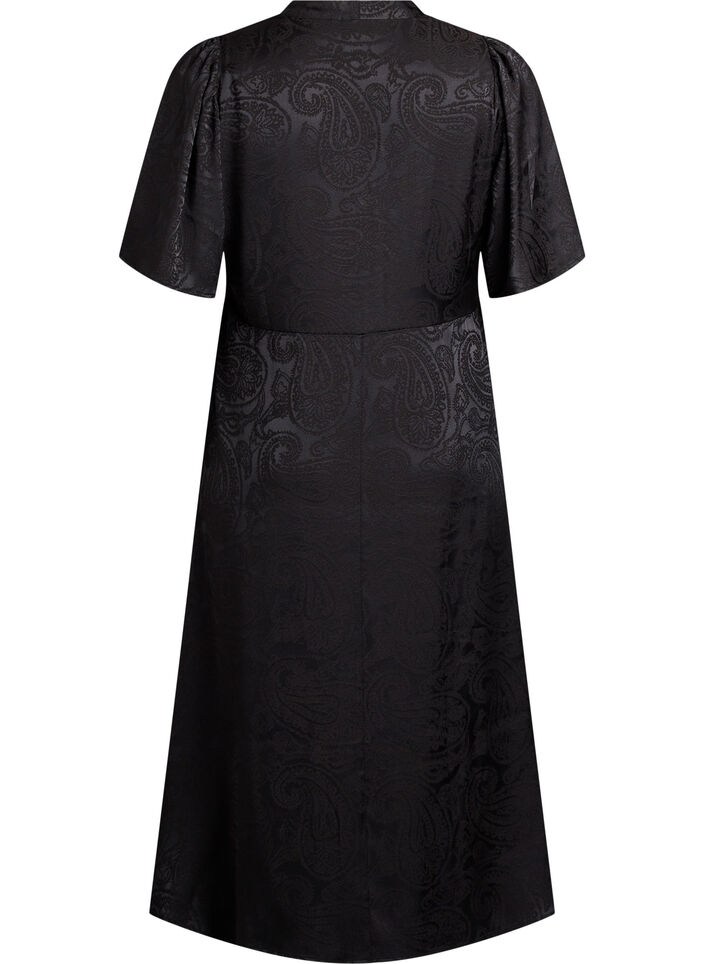 Midi jacquard dress with paisley pattern and wing sleeves, Black, Packshot image number 1