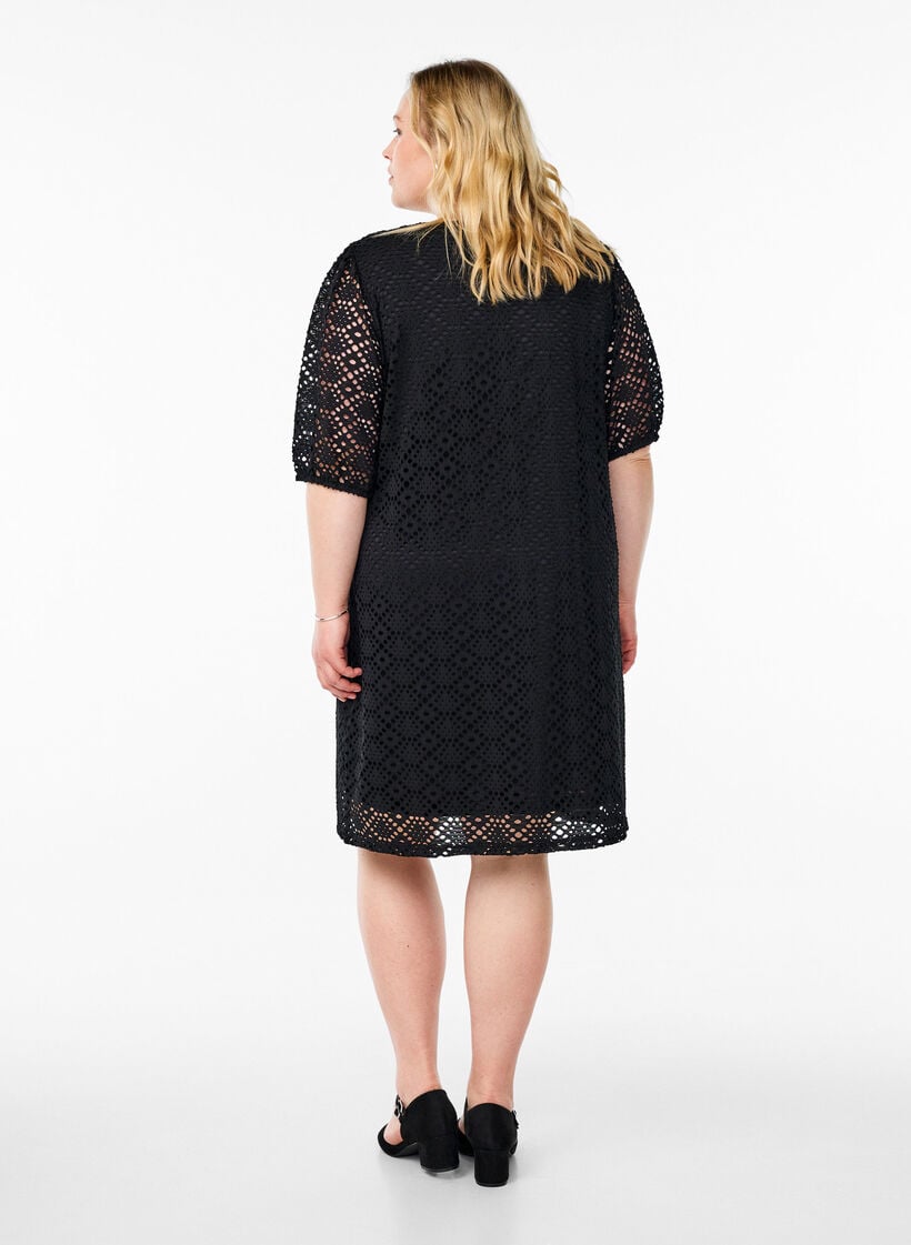 Knee-length dress with eyelet pattern and short sleeves, Black, Model image number 2