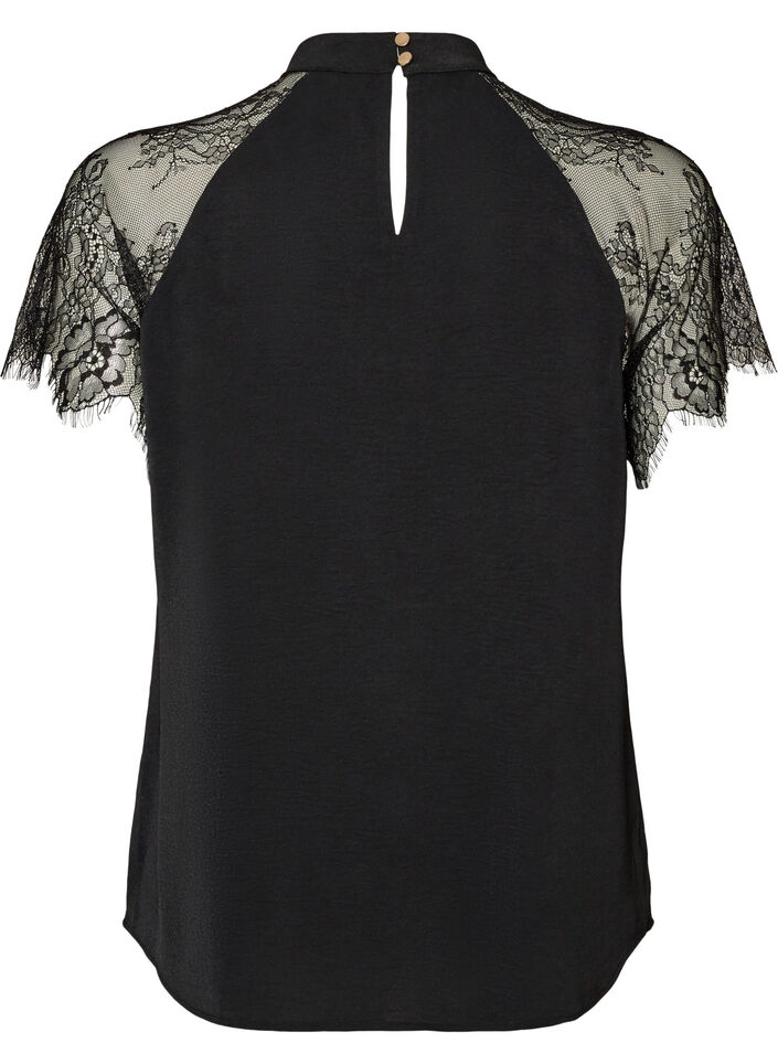 Blouse with short lace sleeves and high neck, Black, Packshot image number 1