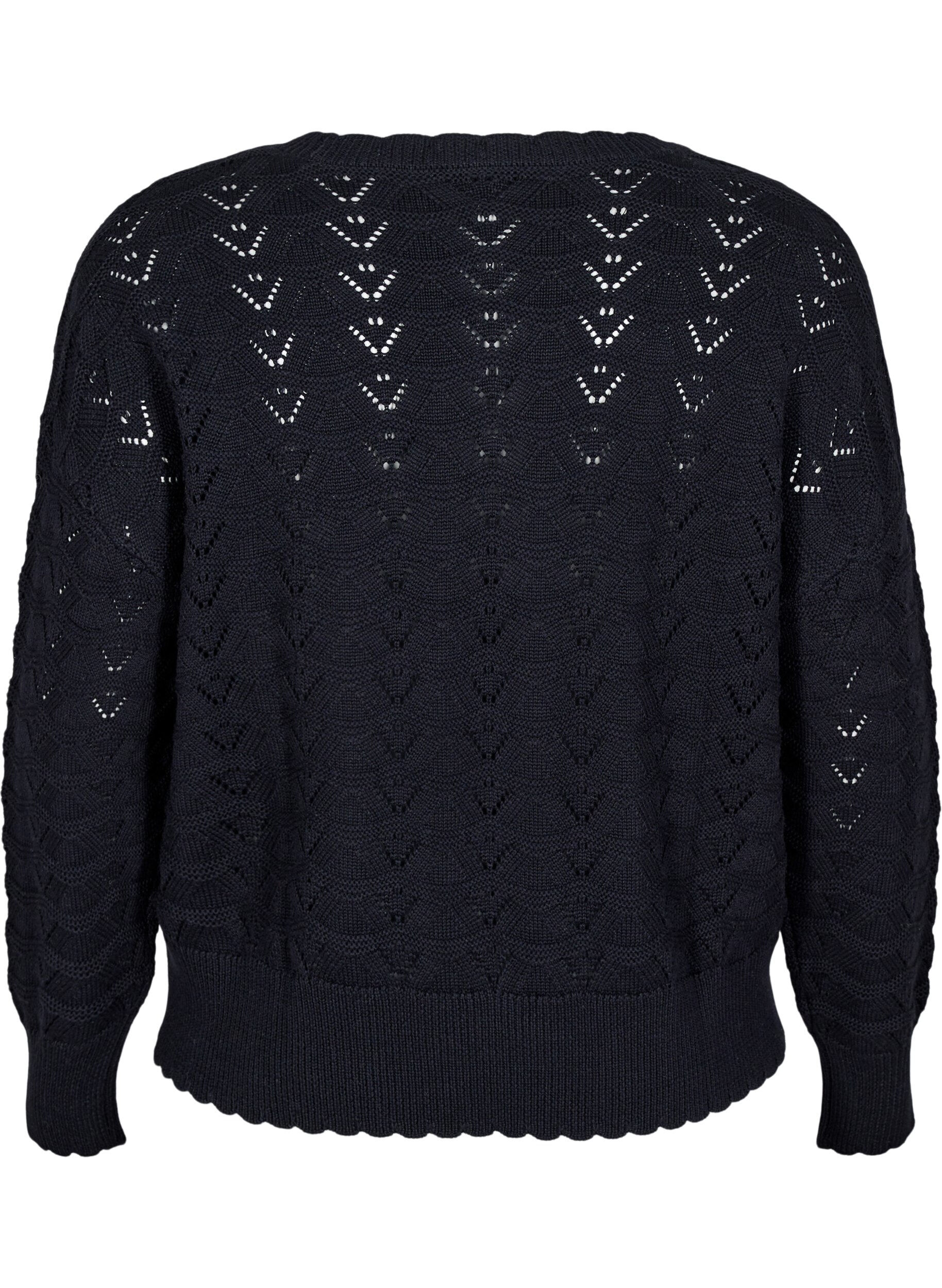 Zizzifashion Long-sleeved knit blouse with an openwork pattern, Black, Packshot image number 1