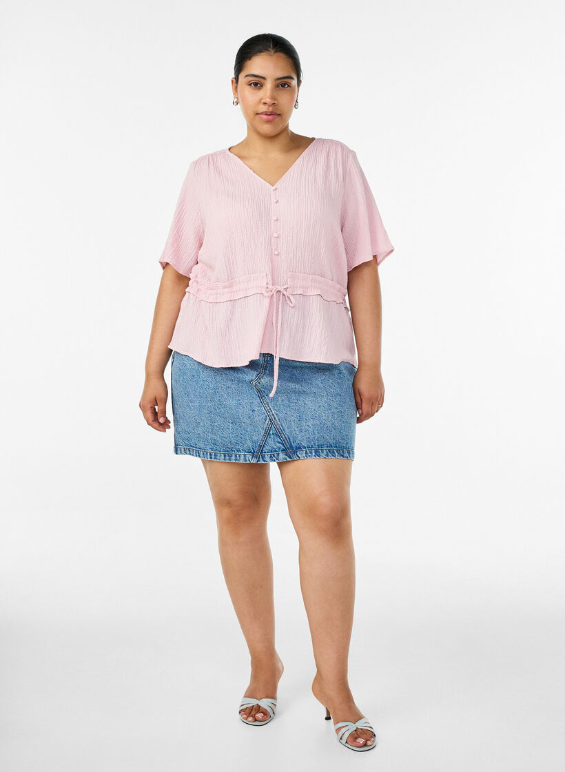 Blouse with texture and a tie-waist, Pink, Model image number 1