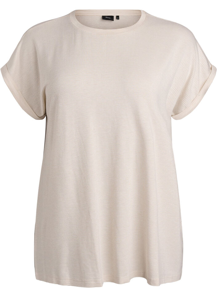 Viscose T-shirt with glitter stripes, Vanilla, Packshot image number 0