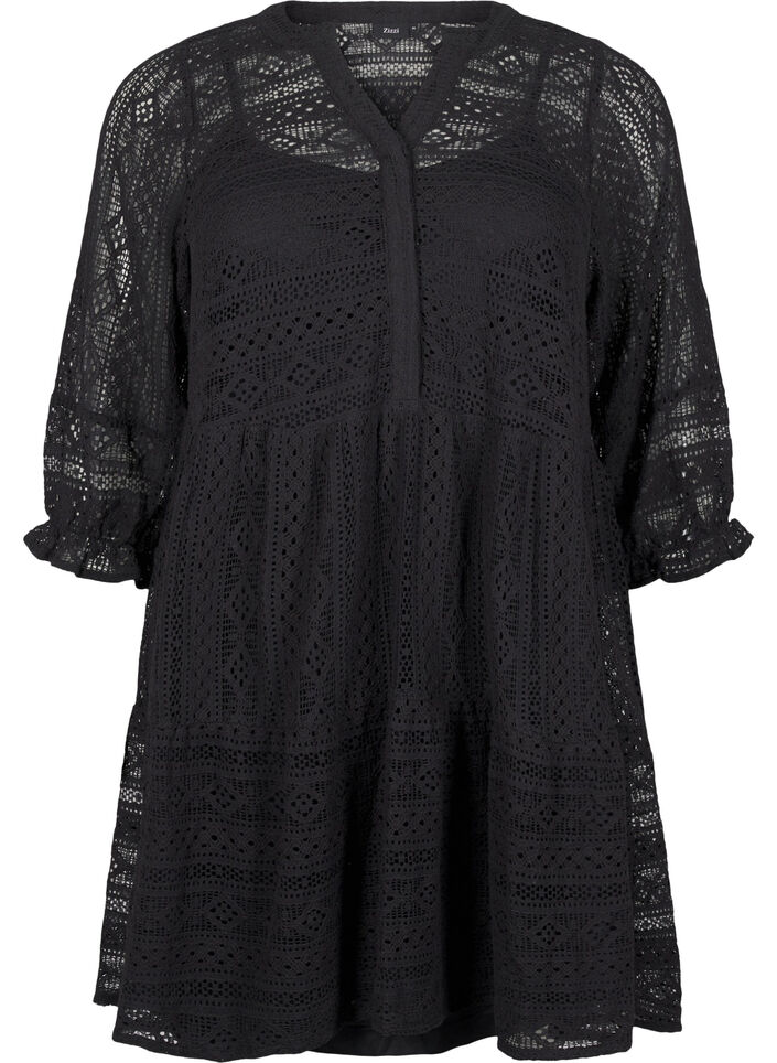Short lace dress with 3/4 sleeves, Black, Packshot image number 0