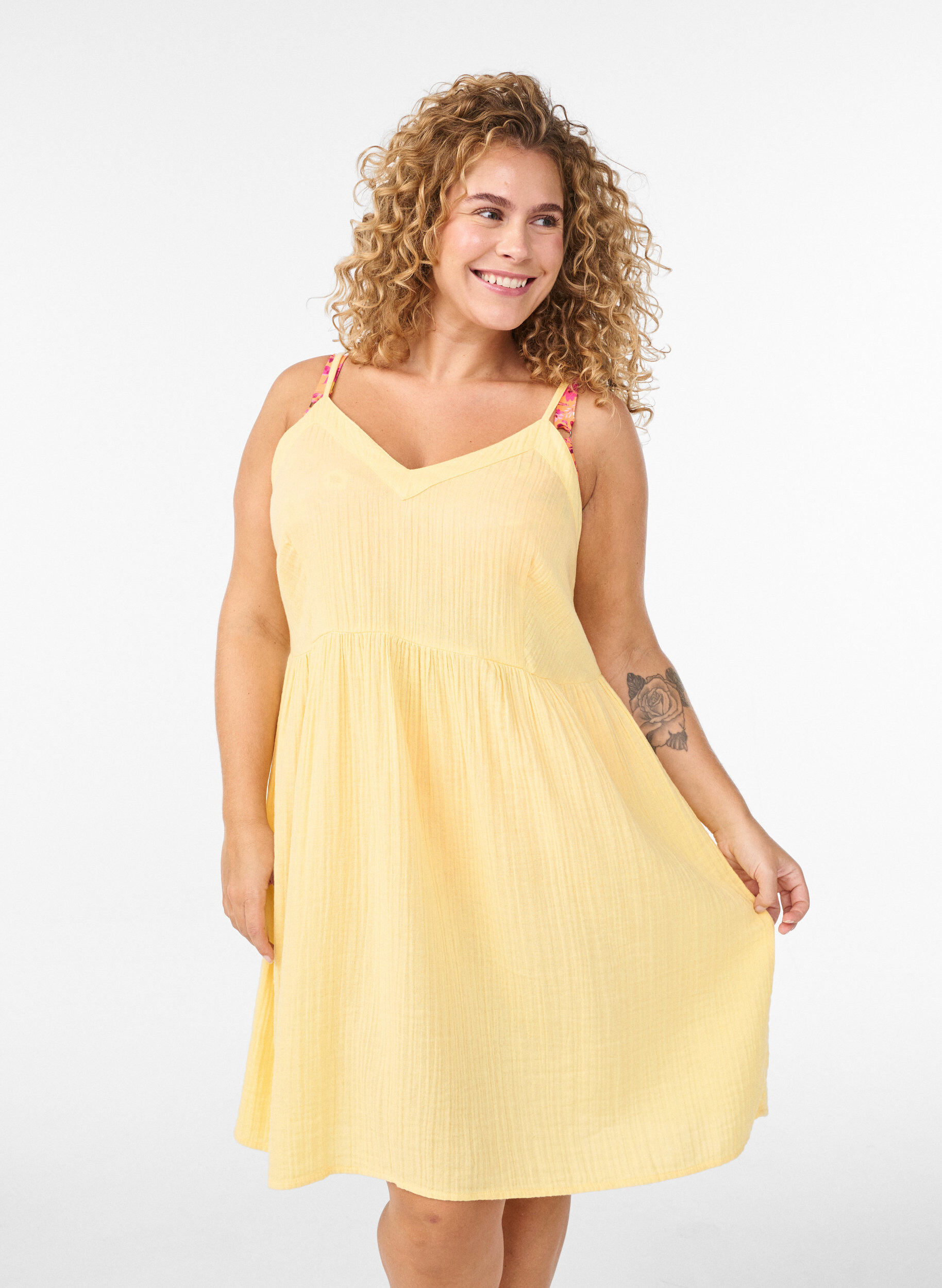 Cotton beach dress with narrow straps, Yellow, Model