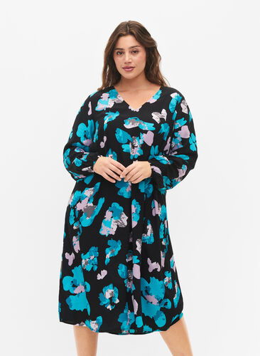 Long-sleeved viscose dress with print, Blue AOP, Model image number 0