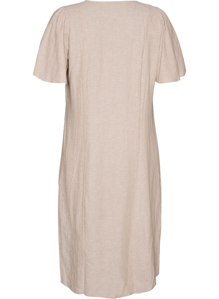 Midi dress in linen and viscose with ruffle sleeves, Beige, Packshot image number 1