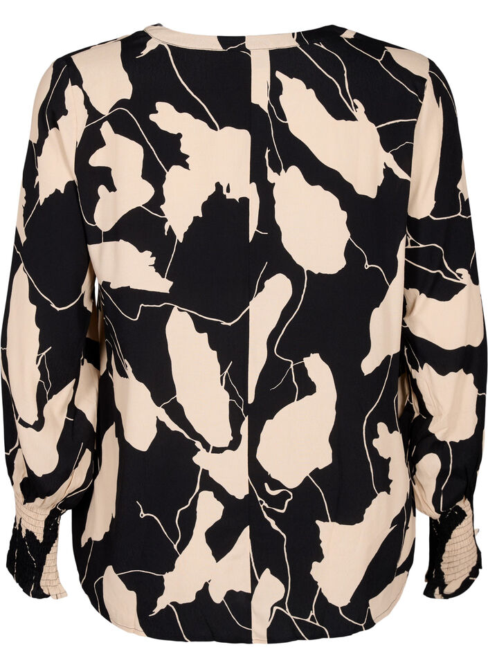 Printed viscose blouse with smock, Black AOP, Packshot image number 1