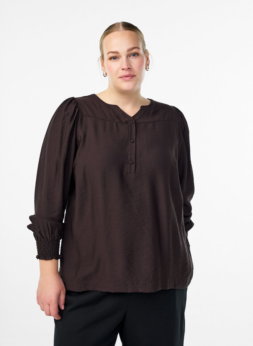 Viscose blouse with smock and gathered details, Brown, Model image number 0