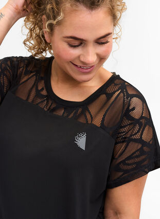 Short-sleeved sports t-shirt with patterned mesh, Black, Model image number 2