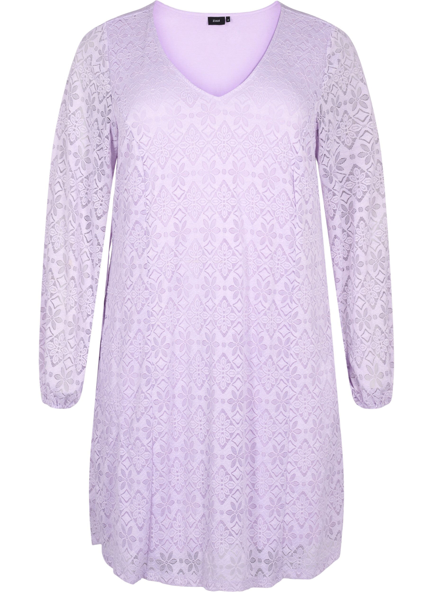 Zizzifashion Lace dress with v neck and long sleeves, Pastel Lilac, Packshot image number 0