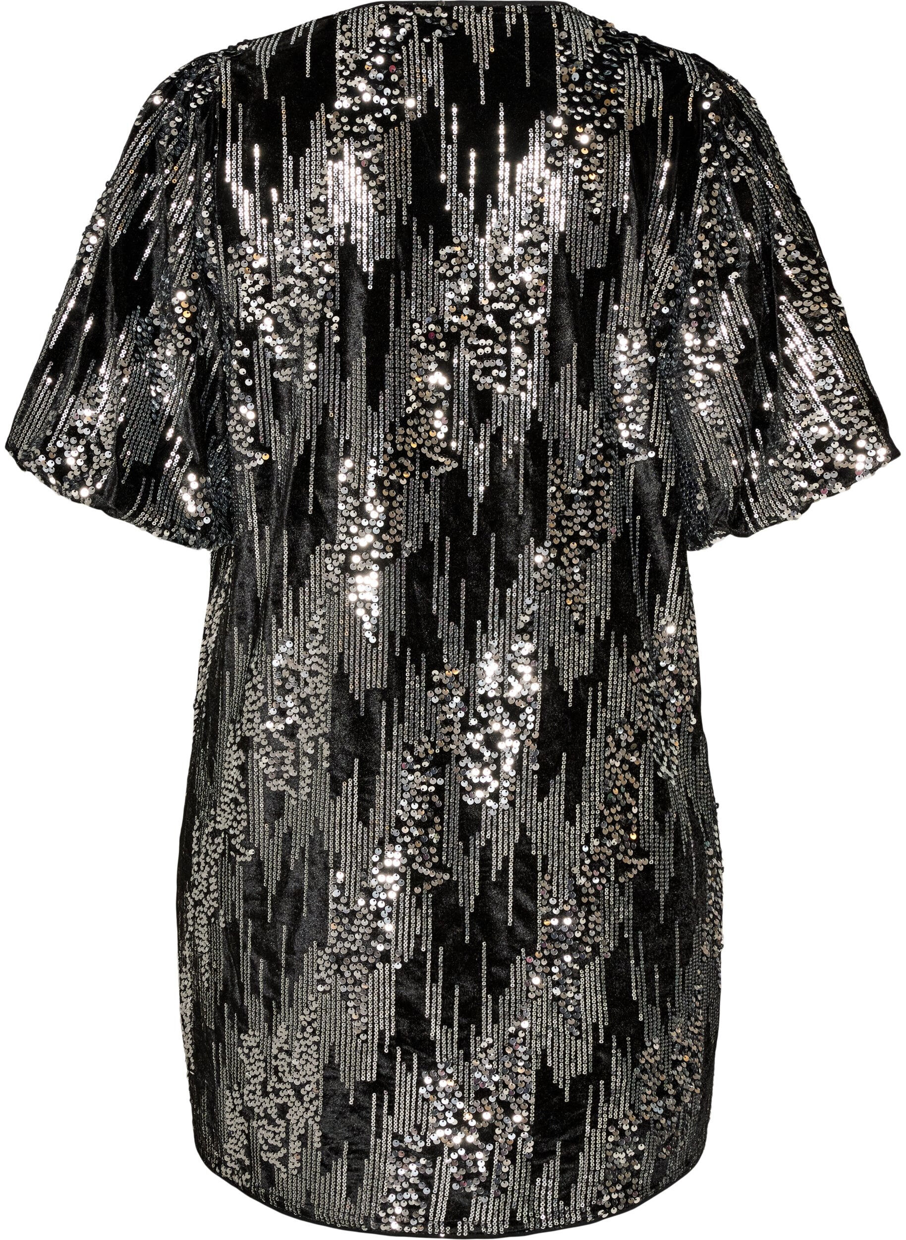 ZizzifashionShort sequin dress with balloon sleeves, Black, Packshot image number 1