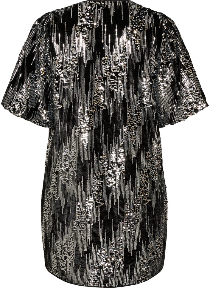 Short sequin dress with balloon sleeves, Black, Packshot image number 1