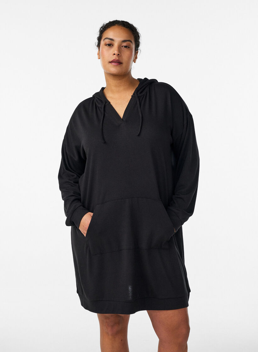 Short hoodie dress with a kangaroo pocket, Black, Model image number 0