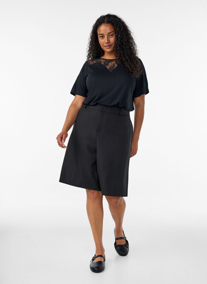 Blouse with lace insert and balloon sleeves, Black, Model image number 1