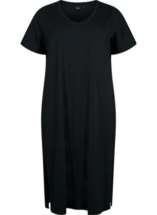 Short sleeve cotton dress with slit, Black, Packshot image number 0