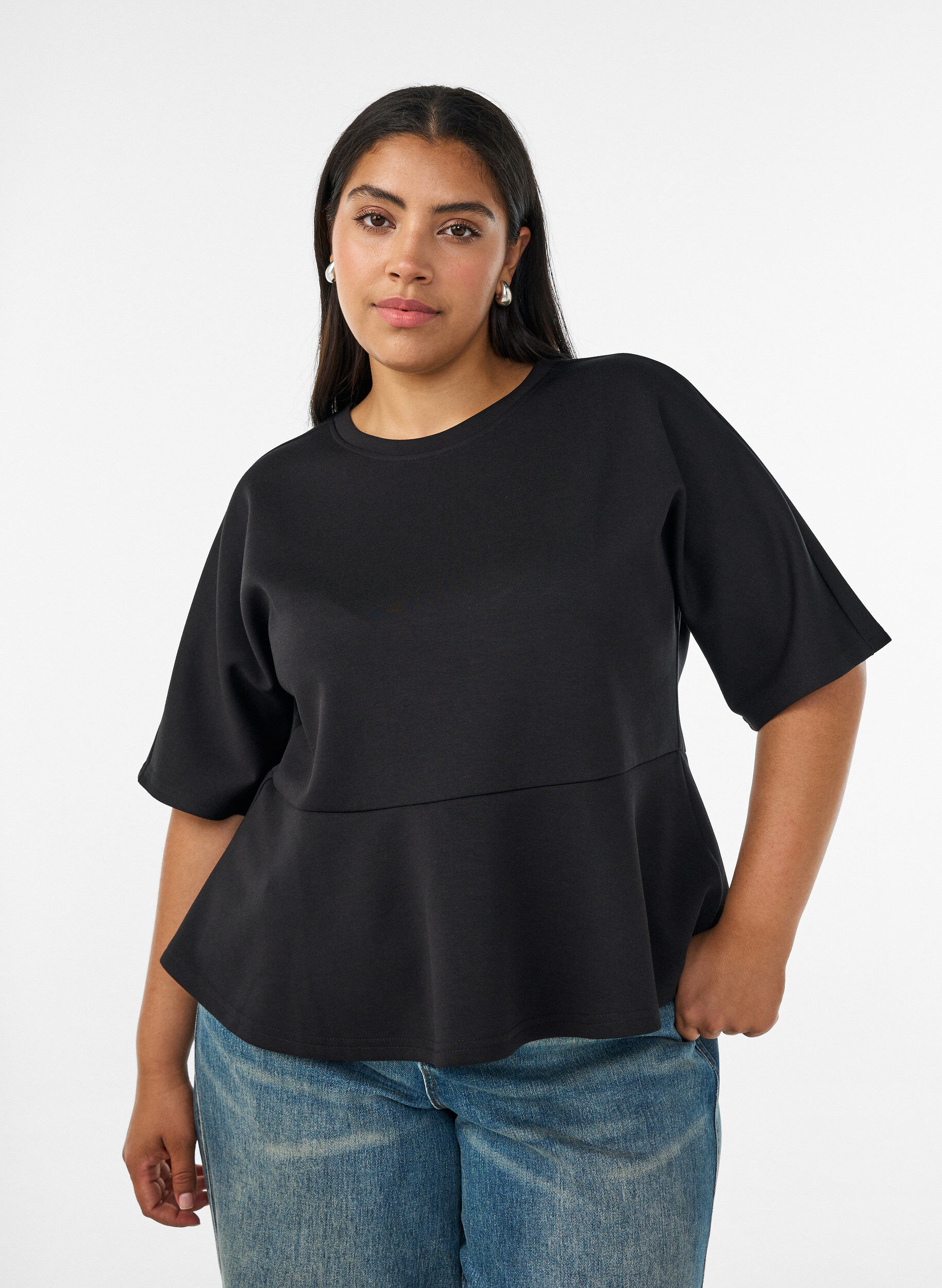 Peplum blouse with elbow-length sleeves, Black, Model