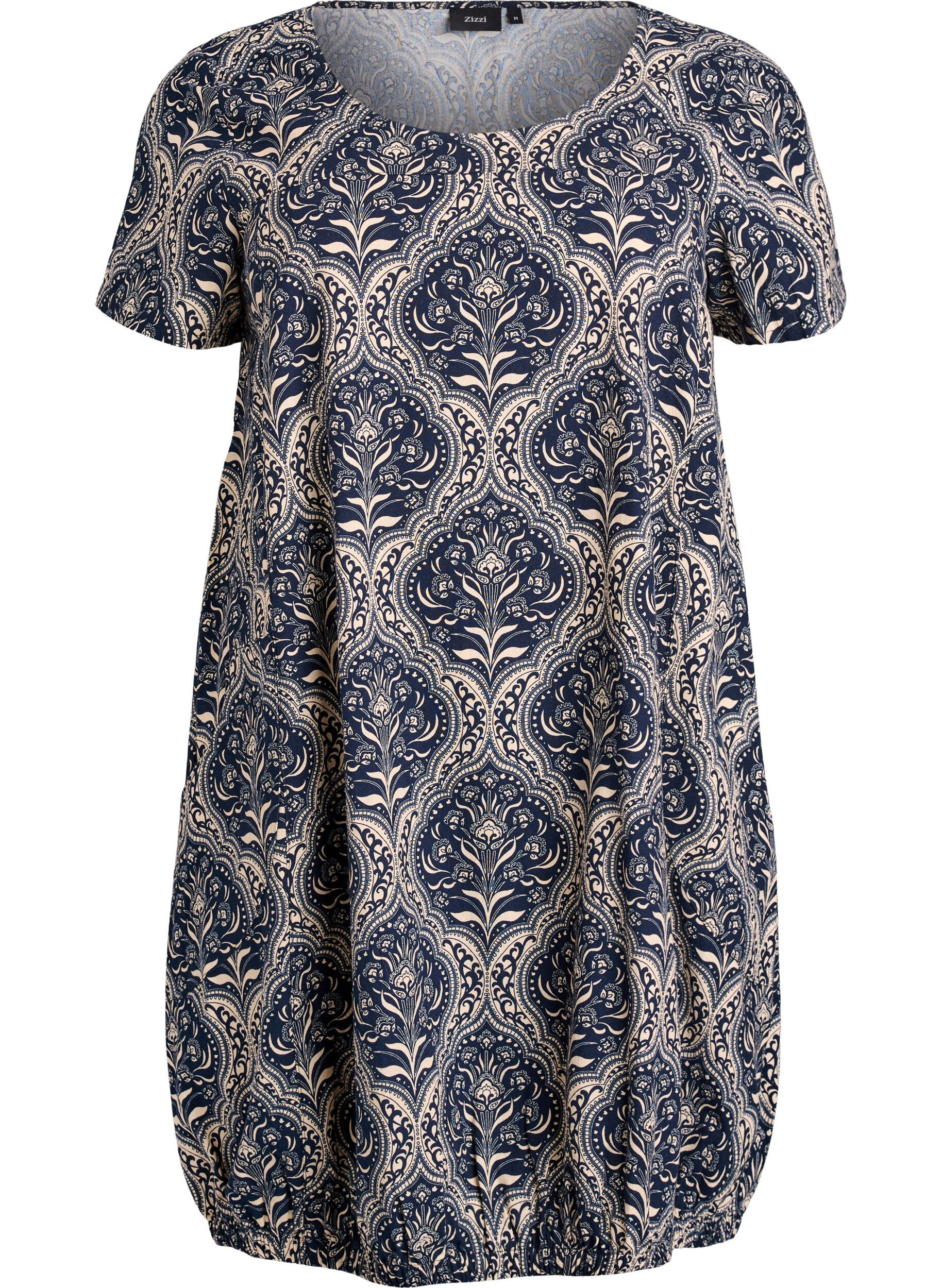 ZizzifashionShort-sleeved cotton dress with print, Blue, Packshot image number 0