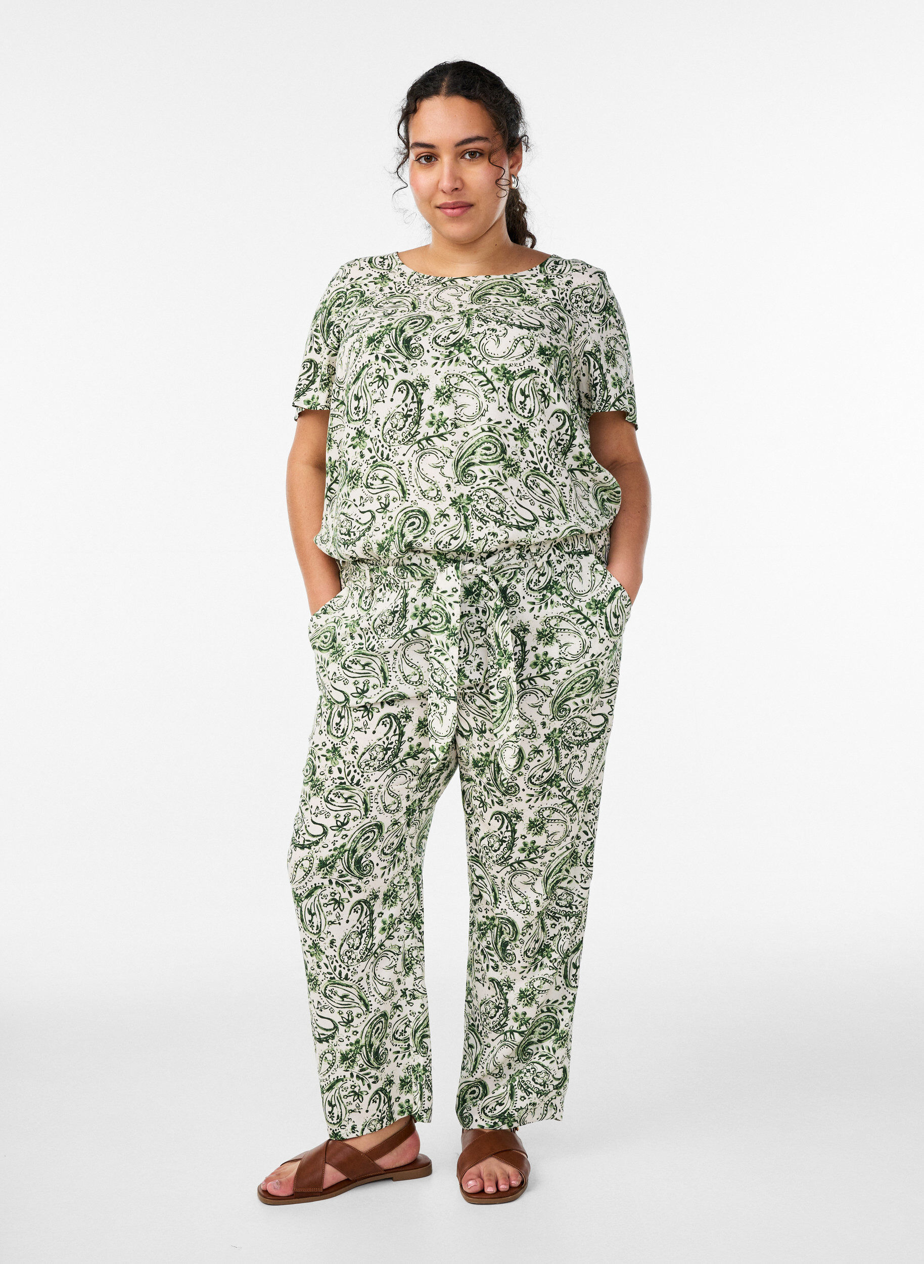 ZizzifashionShort sleeve viscose blouse with print, Green, Model image number 1