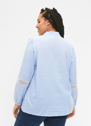 Shirt blouse with ruffle collar and crochet band, Marina W. Stripe, Model image number 1