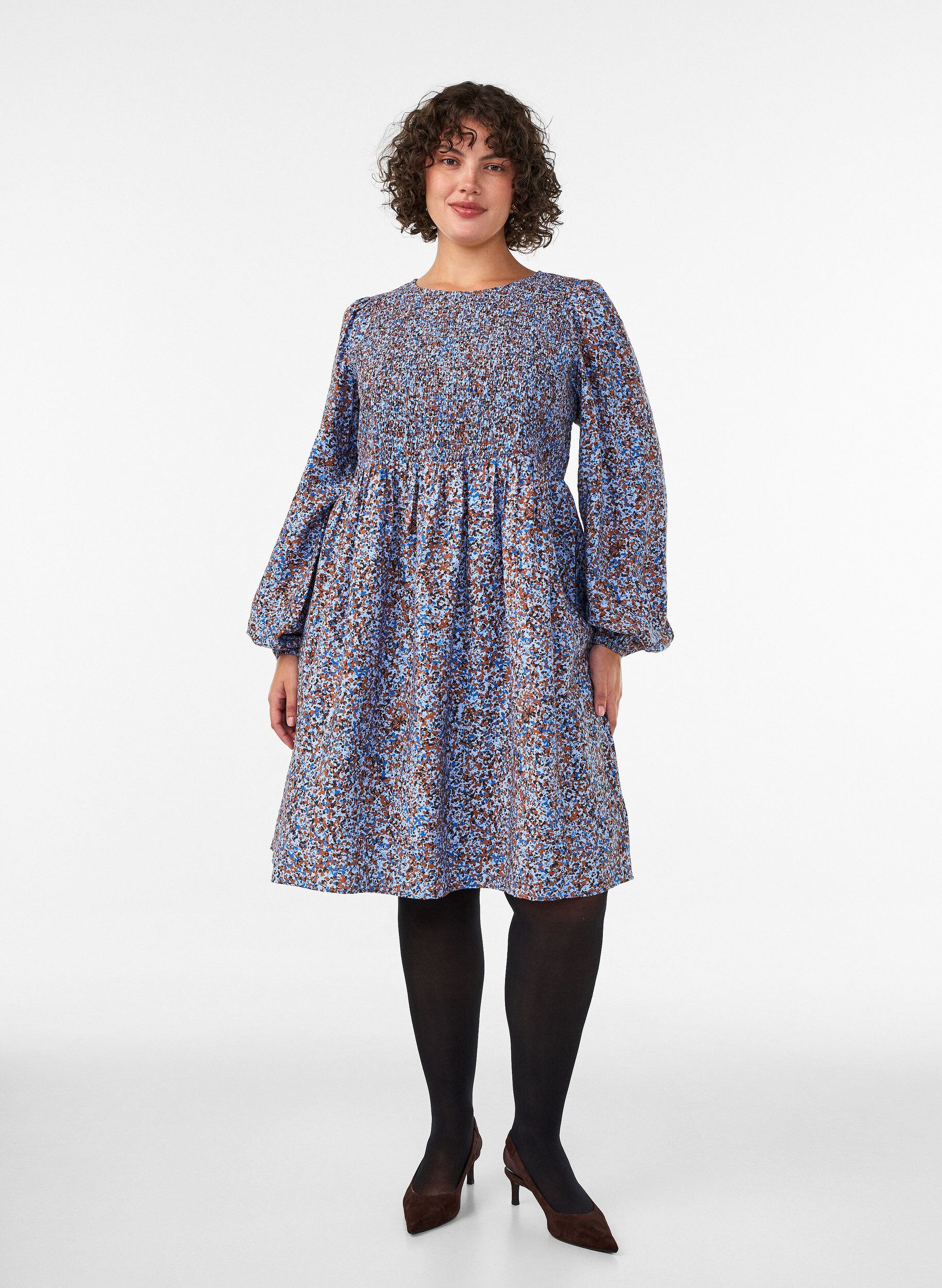 ZizzifashionViscose dress with smock and an all-over pattern, Light Blue, Model image number 1