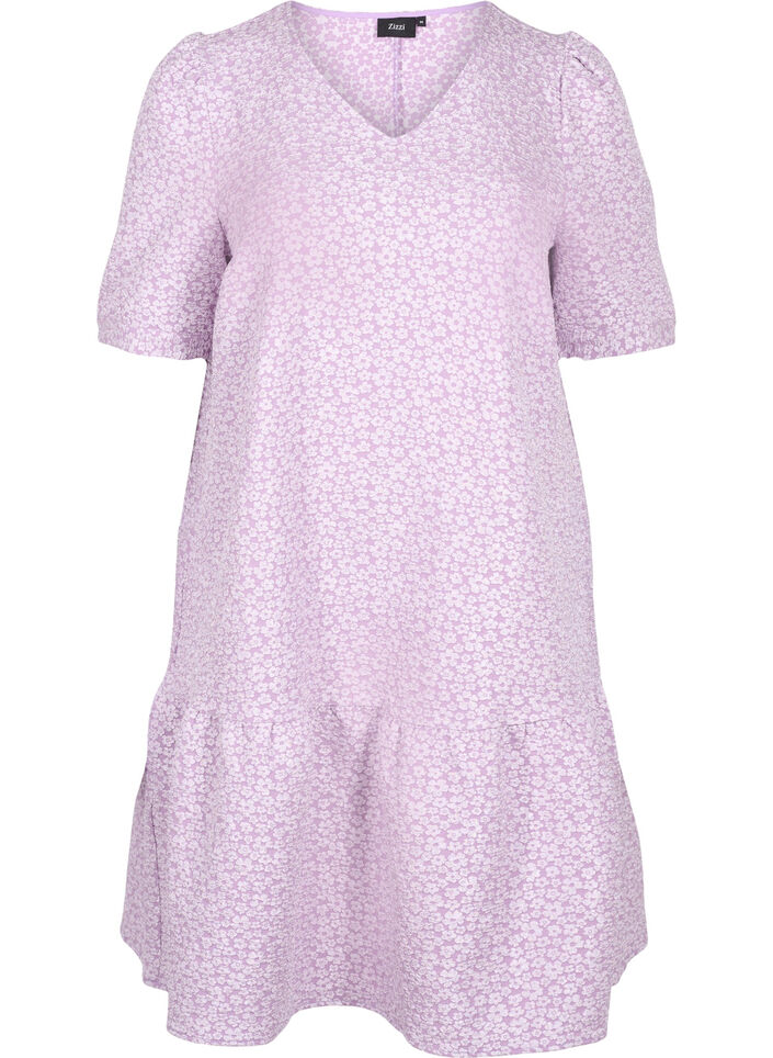 Short-sleeved v-neck dress with floral texture, Regal Orchid , Packshot image number 0