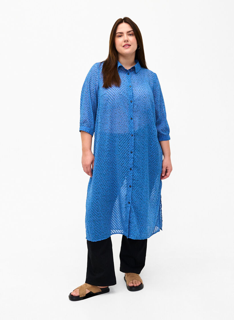 Dotted shirtdress with 3/4 sleeves and slit, Riverside Dot, Model image number 0