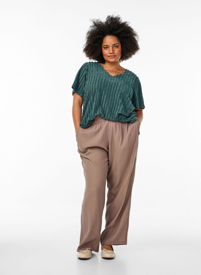 Blouse with short sleeves and striped texture, Green, Model image number 1