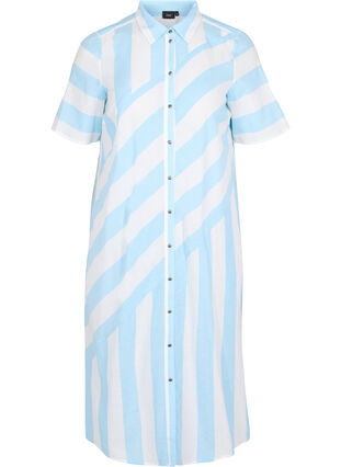 Short-sleeved cotton shirt dress with stripes, Blue Bell Stripe, Packshot image number 0