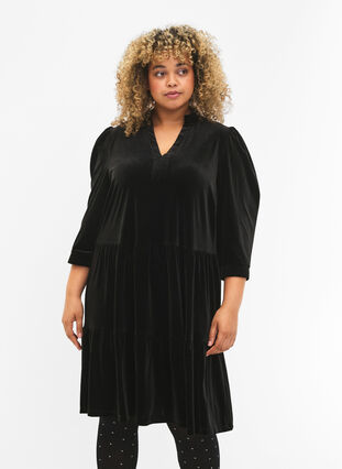 Velour dress with ruffle collar and 3/4 sleeves, Black, Model image number 0