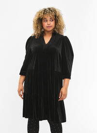Velour dress with ruffle collar and 3/4 sleeves, Black, Model