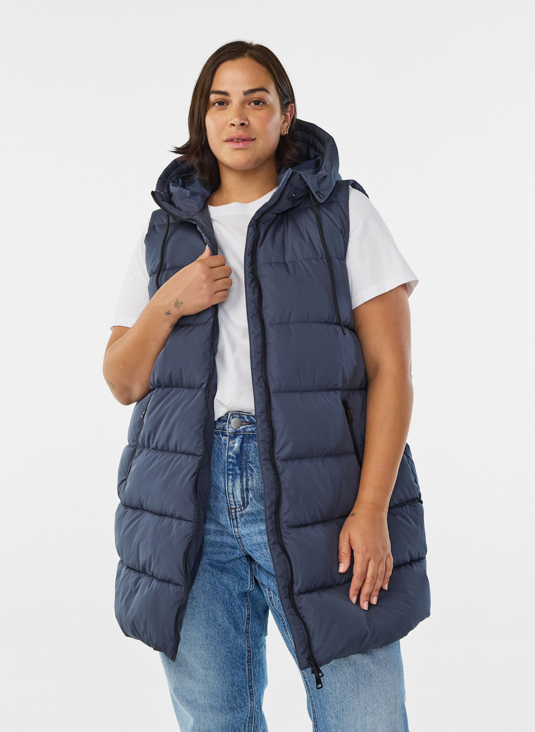 ZizzifashionLong vest with hood and pockets, Blue, Model image number 0