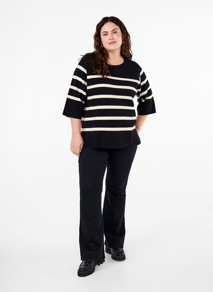 3/4 sleeve knitted blouse with stripes, Black Birch Stripes, Model image number 2