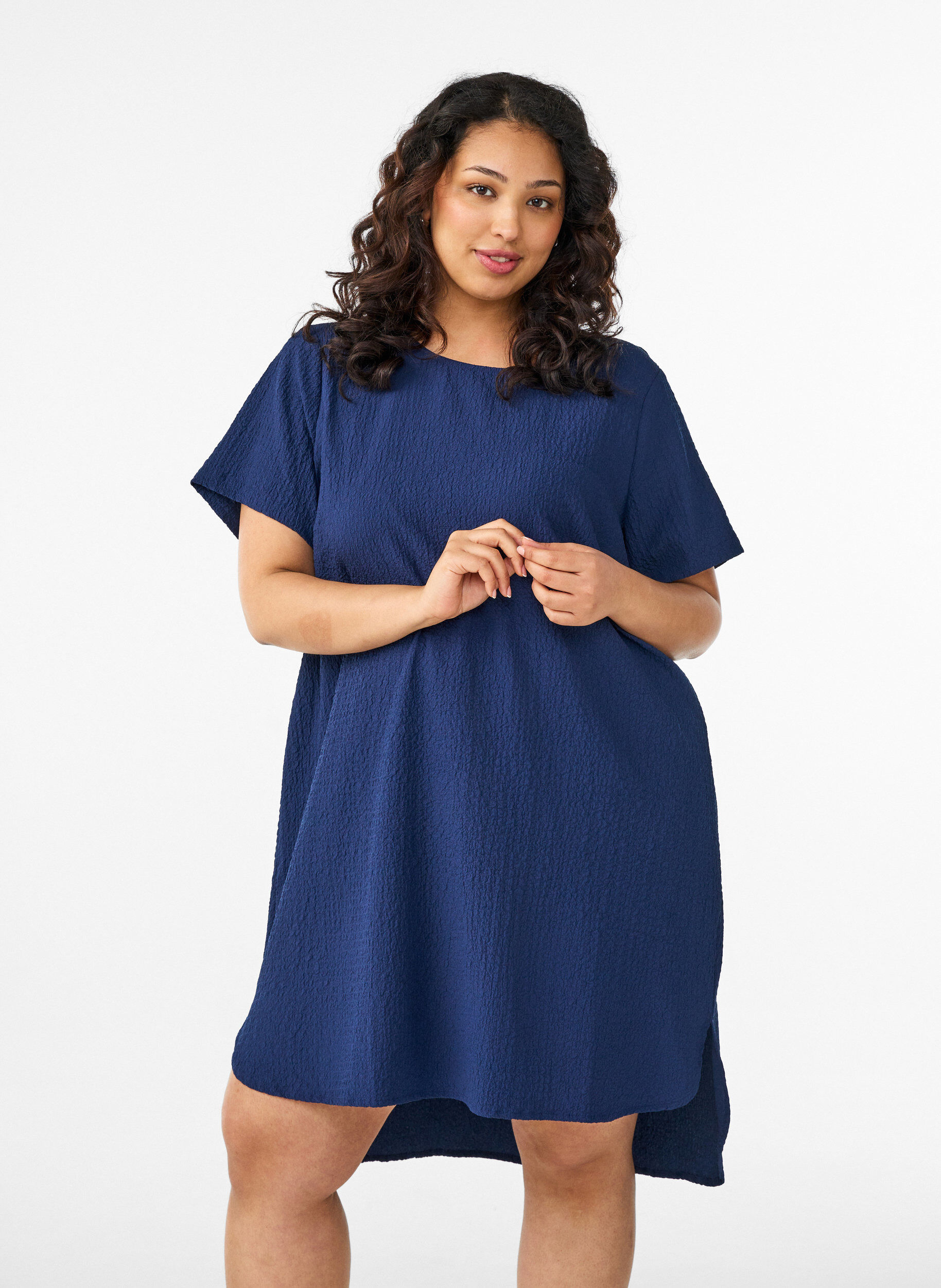 ZizzifashionShort dress with a crinkled texture and short sleeves, Blue, Model image number 0