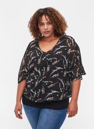 Top with floral print and 3/4-length sleeves, Black AOP, Model image number 0