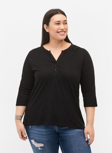 Cotton top with 3/4 sleeves, Black, Model image number 0