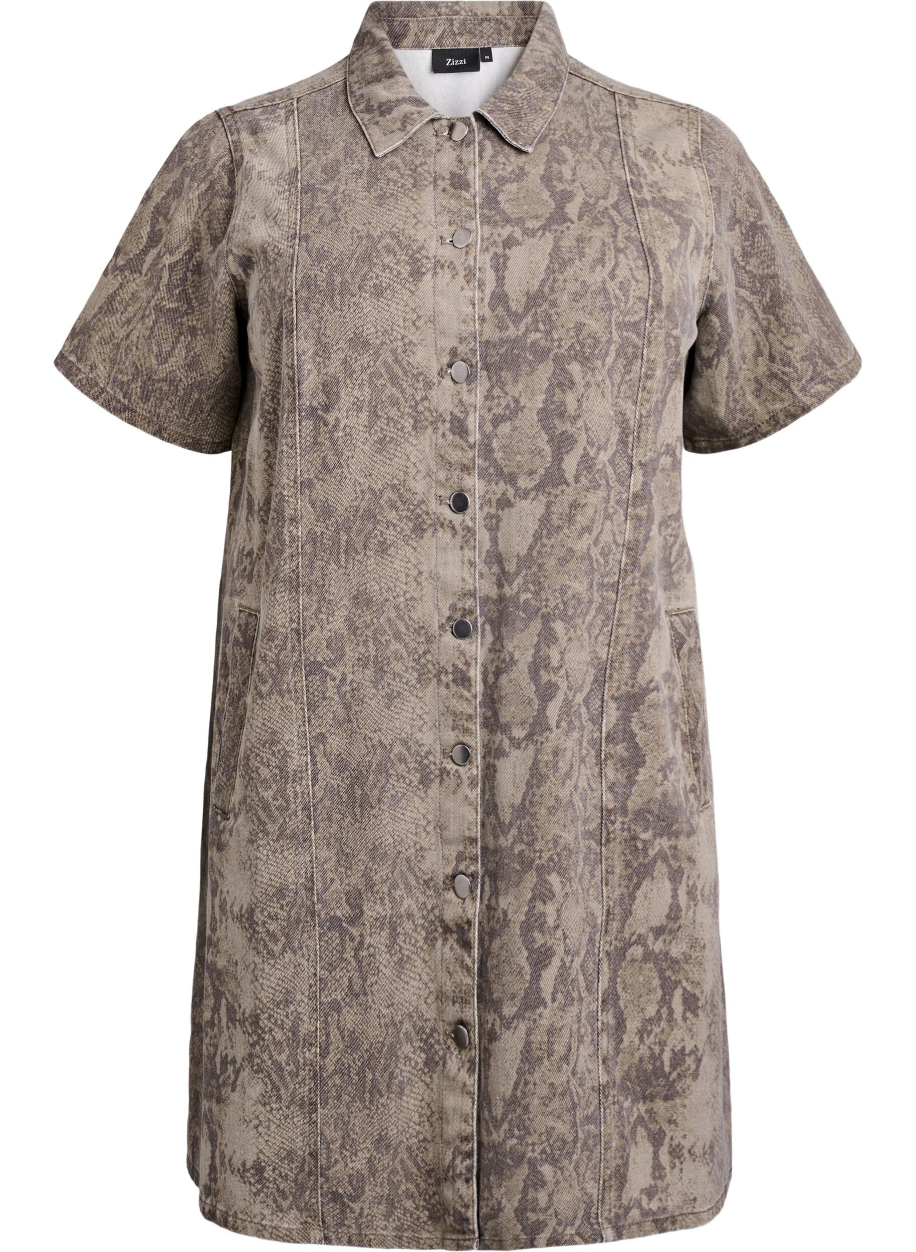 Short denim shirt dress with snake print