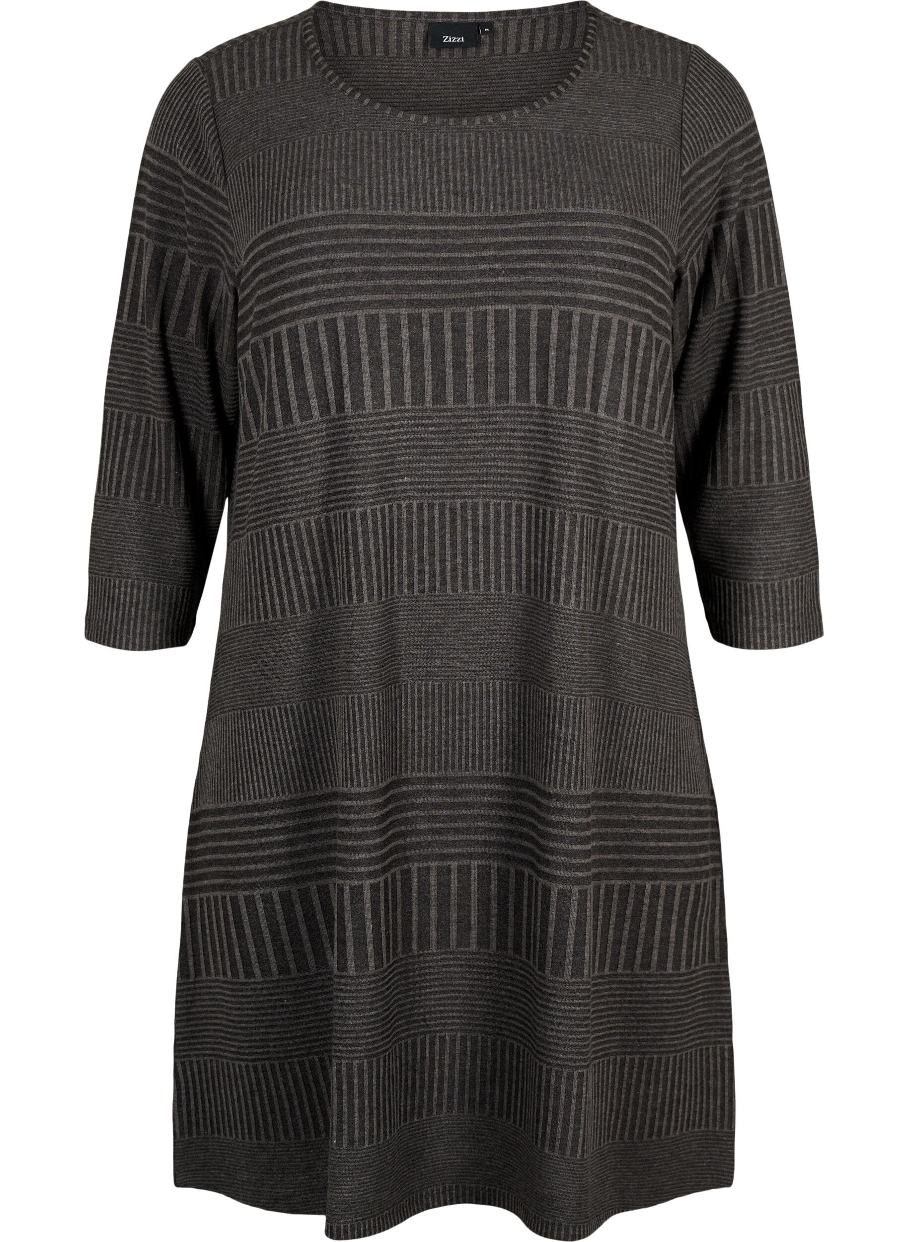 Zizzifashion Dress with 3/4 sleeves and striped pattern, Dark Grey M&eacute;lange, Packshot image number 0