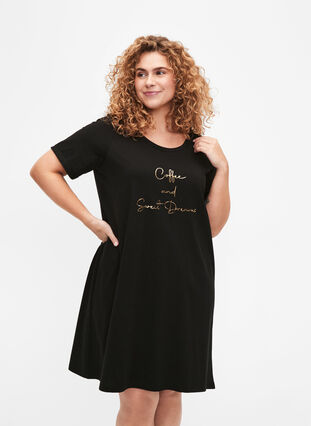 Short-sleeved nightgown in organic cotton, Black Coffee, Model image number 0
