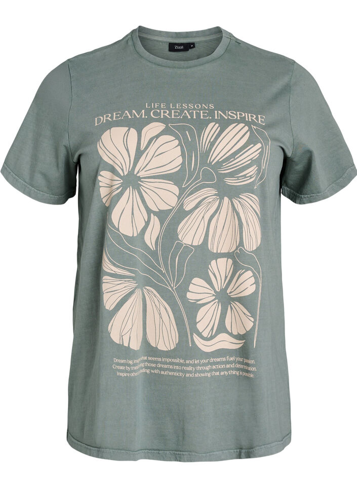 Organic cotton T-shirt with text and floral print, Green, Packshot image number 0