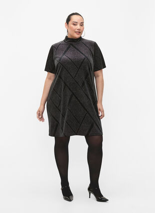Velvet dress with glitter and turtleneck, Black, Model image number 3