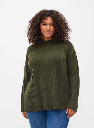High-neck knitted jumper with rib details, Forest Night Mel., Model image number 0