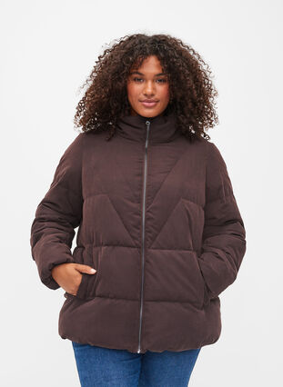 Short winter jacket with zip and high collar, Black Coffee, Model image number 0
