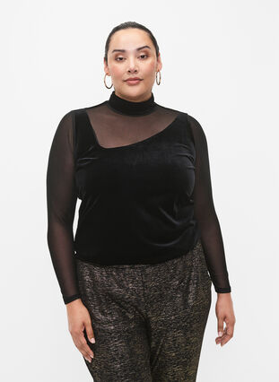 Velvet blouse with long mesh sleeves	, Black, Model image number 2