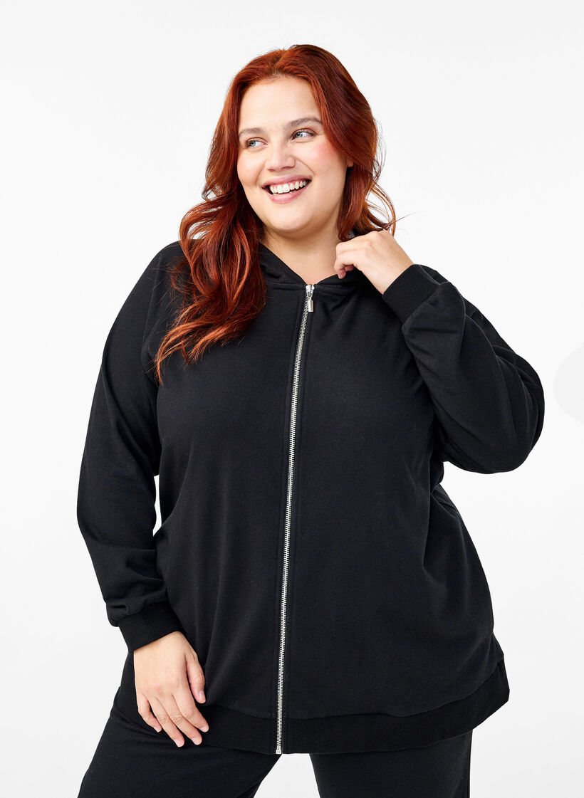 Hooded sweat cardigan with pockets, Black, Model image number 0
