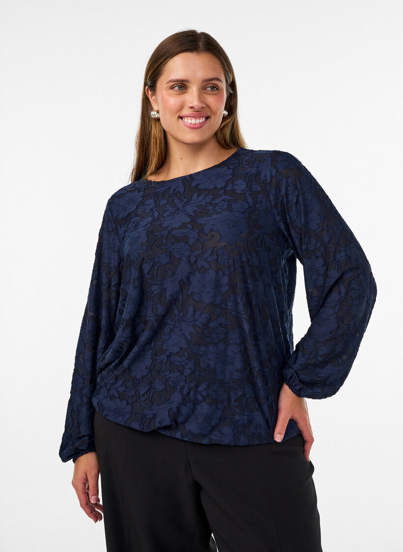Sheer blouse with floral texture and long sleeves, Blue, Model image number 0