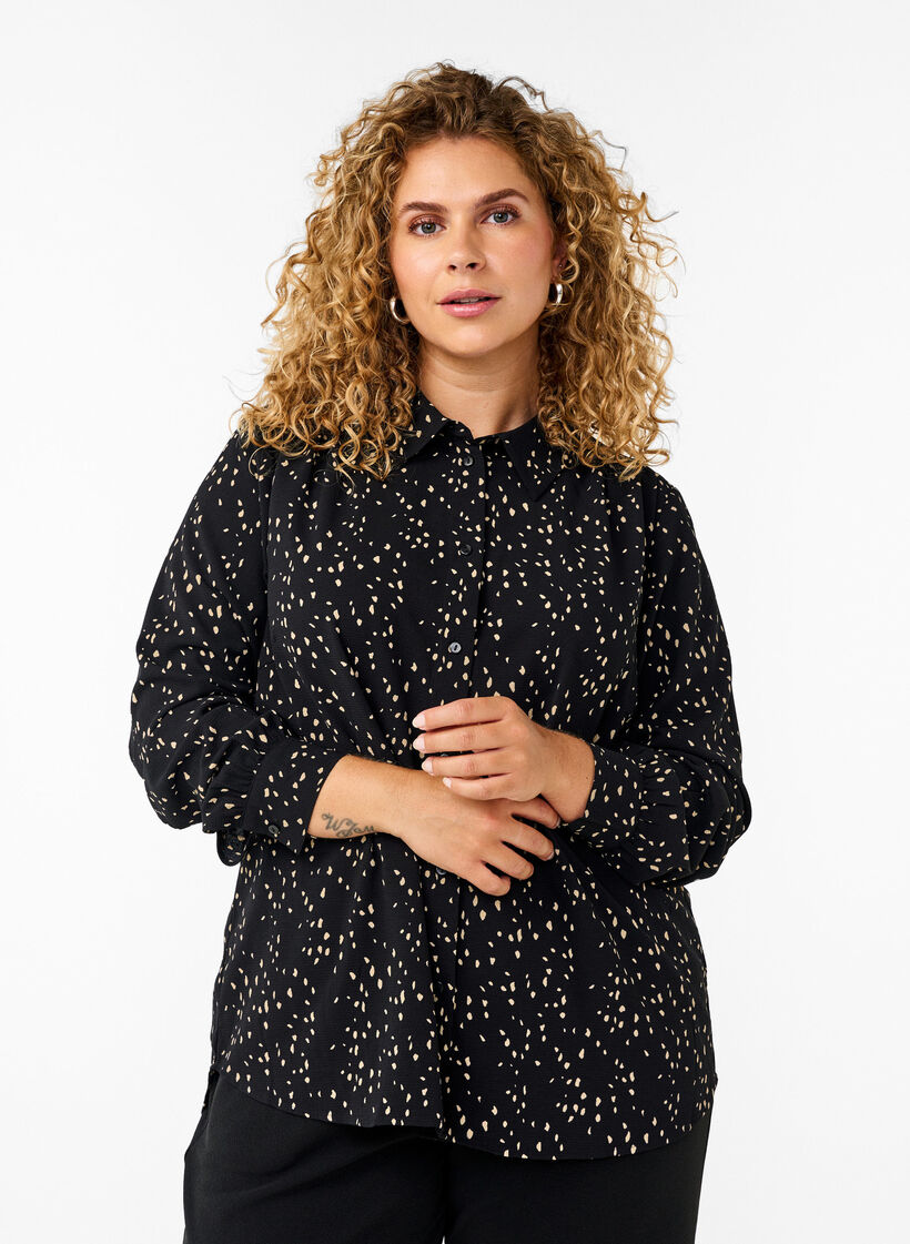 Dotted shirt with collar, Black w. Dot AOP, Model image number 0